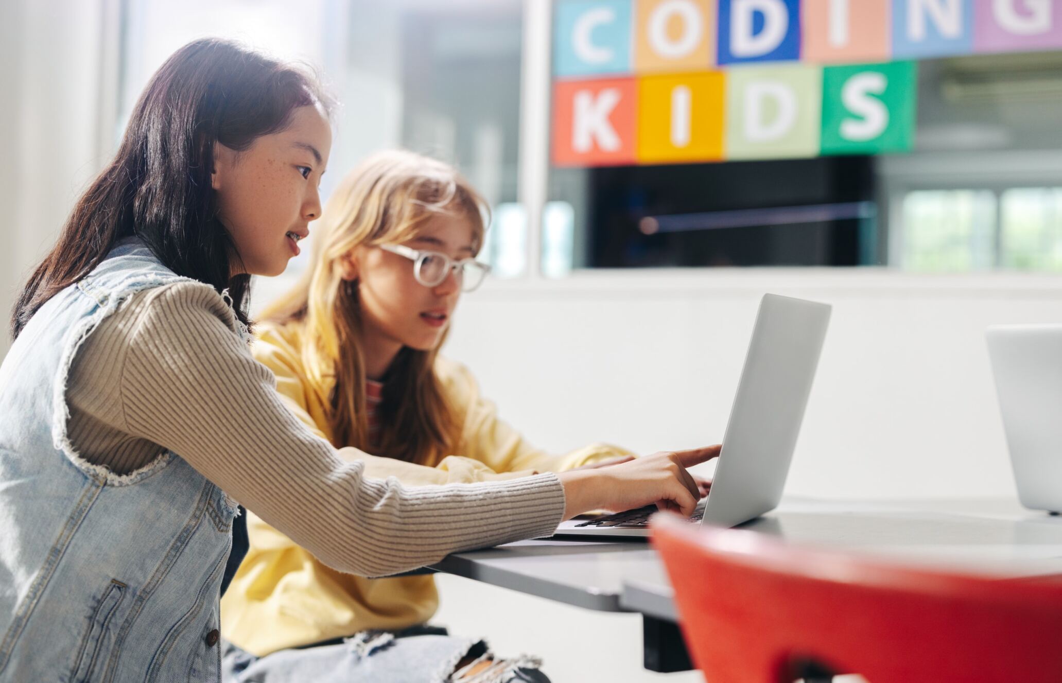 Two girls with a laptop discussing a complicated programming task.